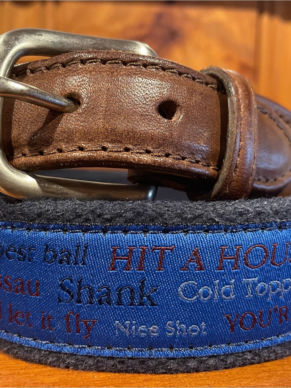 The Belted Cow Company Navy Golf words lettering with Brown Leather Buckle